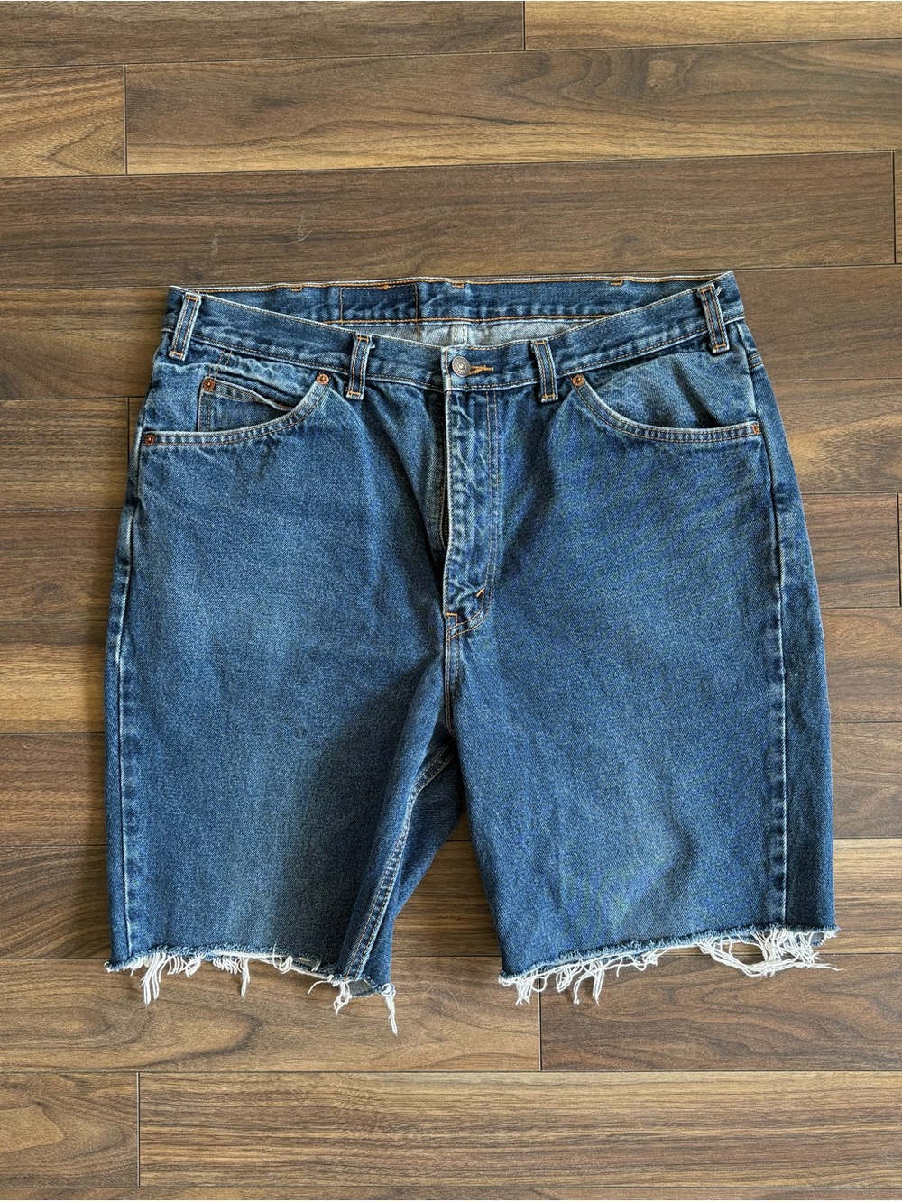 Levi's Orange Tab Cut-Off Dark Blue Frayed Hem Jean Shorts
